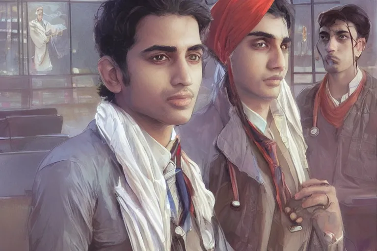 Image similar to Anxious good looking pale young Indian doctors wearing American clothes at the airport, portrait, elegant, intricate, digital painting, artstation, concept art, smooth, sharp focus, illustration, art by artgerm and greg rutkowski and alphonse mucha