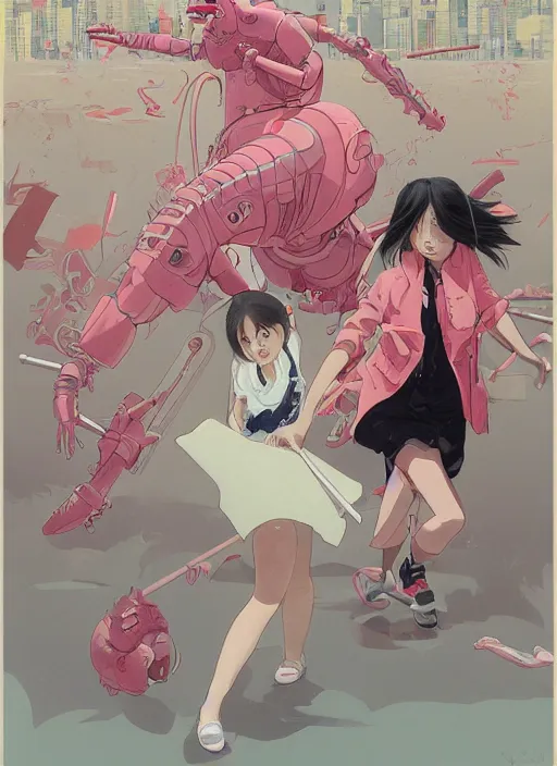 Image similar to Artwork by James Jean, Phil noto and hiyao Miyazaki ; (1) a young Japanese future samurai police lady named Yoshimi battles an (1) enormous evil natured carnivorous pink robot on the streets of Tokyo; Japanese shops and neon signage; crowds of people running; Art work by hiyao Miyazaki, Phil noto and James Jean