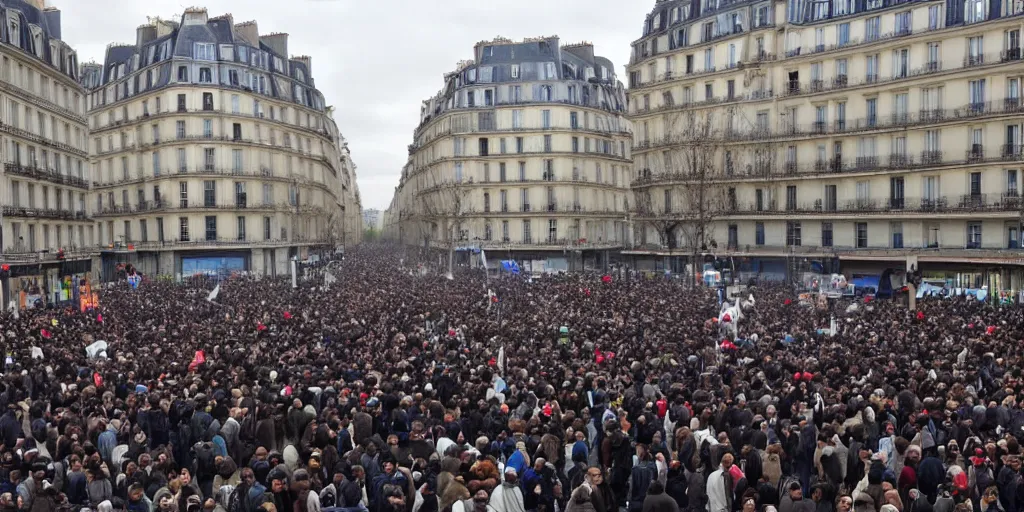 Prompt: million of people rioting on the streets of paris, wide angle