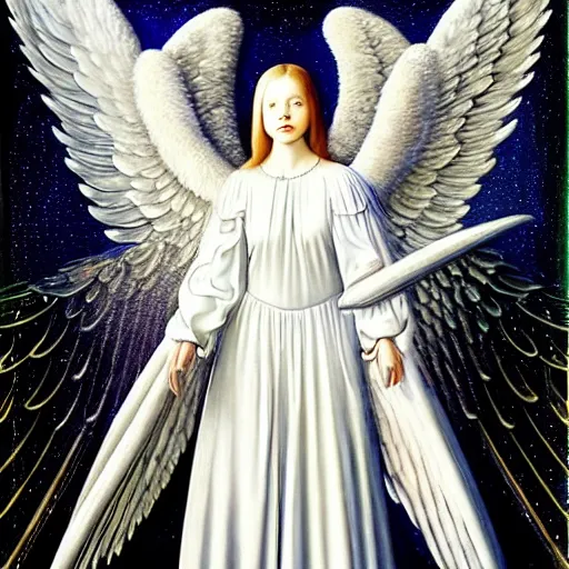 Image similar to highdetailed hyperrealistic painting of white angel!!! no gender smiling noface!!!, light instead of hands, white sparkles everywhere, 4 k hd face!!!, big silver high detailed wings!!!, renaissance, by jan van eyck, holography space, glow effect, large strokes, monochrome!!!!!