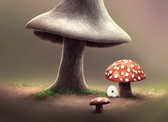 Image similar to a cute creature sitting next to a mushroom concept portrait, detailed, sharp focus, pastel, intricate, realistic, smooth, volumetric lighting, digital painting, by miyazaki