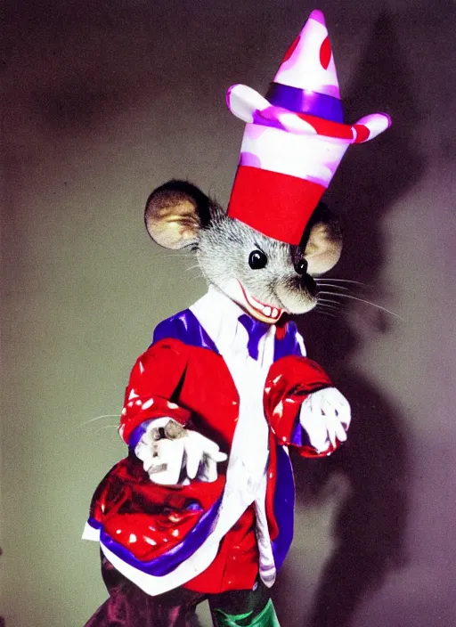 Image similar to Chuck E. Cheese mascot low quality 2002 circus portrait of an anthropomorphic rat animatronic dressed like a clown, professional portrait, camera flash, dimly lit mouse, Chuck E. Cheese head, authentic, mouse, costume weird creepy, off putting, nightmare fuel, Chuck E. Cheese