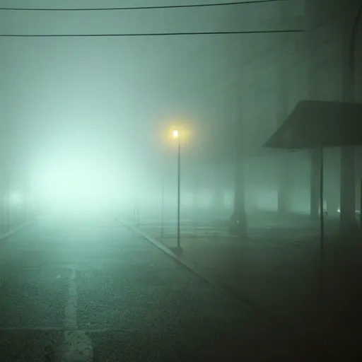 Image similar to ghost on a foggy night streer with neon streetlights like Silent Hill screenshot