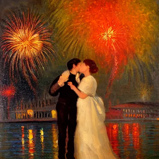 Image similar to an oil painting of couple kissing, in a background fireworks in venice