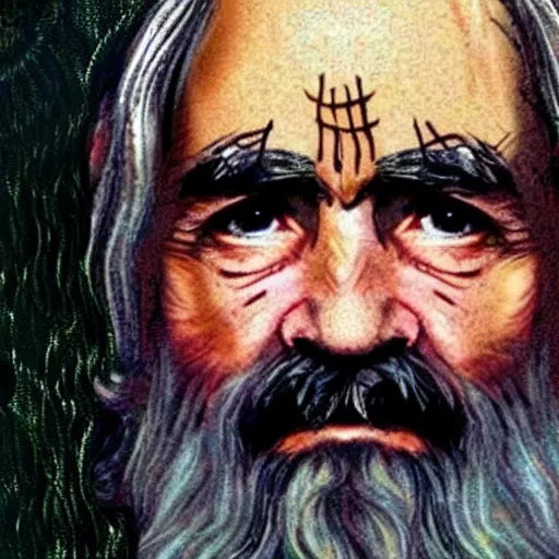 Image similar to charles manson in the style of a renaissance painting