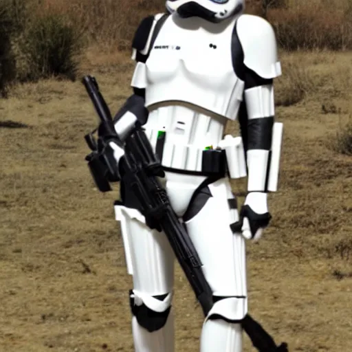Prompt: still of female stormtrooper posing for the camera