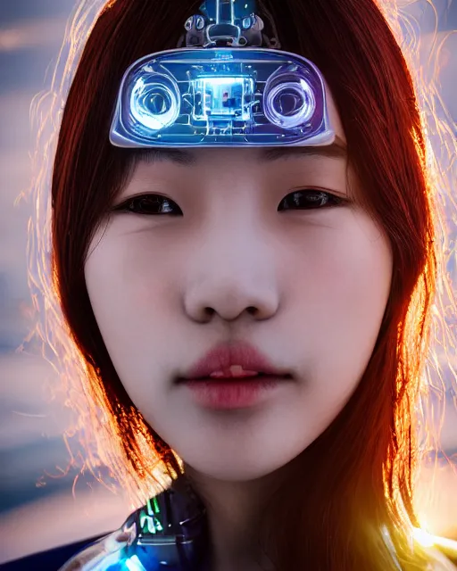 Image similar to beautiful centered photo portrait of korean girl as a solarpunk robotic cyborg with white mechanical parts and implanted bright halogen lamps, treading on calm water, ultra - realistic and detailed, sun lit, white background, bokeh, soft focus, slow exposure hdr 8 k