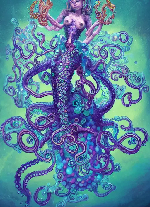 Prompt: A full body shot of a cute and mischievious monster girl wearing an ornate ball gown made of opals and tentacles. Fancy Dress under the sea. Subsurface Scattering. Translucent Skin. Rainbow palette. defined facial features, symmetrical facial features. Opalescent surface. beautiful lighting. By Giger and Ruan Jia and Artgerm and WLOP and William-Adolphe Bouguereau. Photo real. Hyper-real. Photorealism. Fantasy Illustration. Sailor Moon hair. Masterpiece. trending on artstation, featured on pixiv, award winning, cinematic composition, dramatic pose, sharp, details, Hyper-detailed, HD, HDR, 4K, 8K.