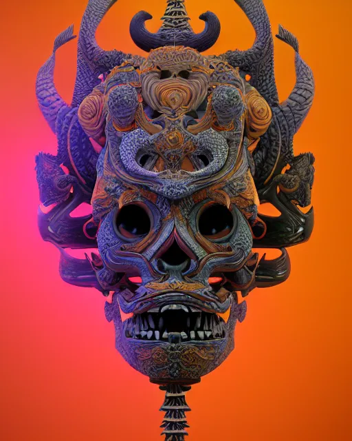 Image similar to 3 d ornate carved head with tattoos profile portrait, sigma 5 0 0 mm f / 5. beautiful intricate highly detailed quetzalcoatl skull. bioluminescent, plasma, lava, ice, water, wind, creature, thunderstorm! artwork by tooth wu and wlop and beeple and greg rutkowski, 8 k trending on artstation