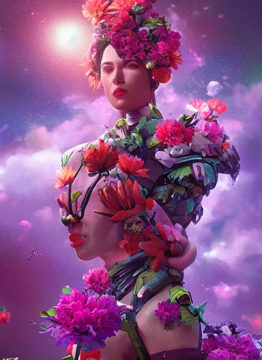 Image similar to An epic fantastic realism comic book style painting of the most beautiful flowers launched across the galaxy, bouquets, fisheye lens, unreal 5, DAZ, hyperrealistic, octane render, dynamic lighting