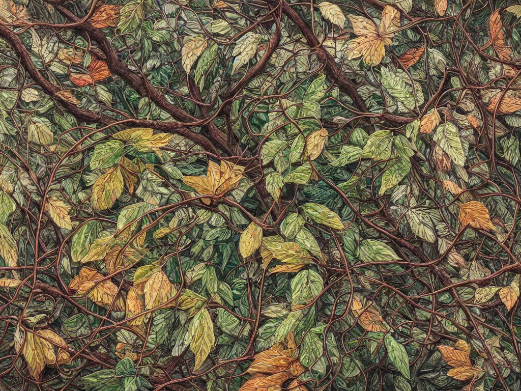 Image similar to a chaotic windy tornado of leaves, intricate details, aesthetically pleasing and harmonious natural colors, art by tiffany bozic, impressionism, detailed, dark, windy