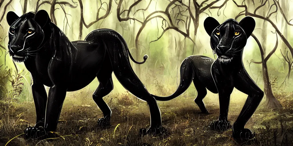 Prompt: a black lioness, made of smooth black goo, prowling through the forest, viscous, sticky, full of tar, covered with black goo. concept art, realism, animal drawing, color, savanna, wildlife photography, black goo, cinematic, in the style of cory loftis