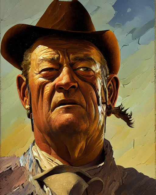 Image similar to painterly portrait, john wayne as a cowboy, impasto, fantasy, chuck close:7, carl spitzweg:7, cinematic light, full face, symmetrical face