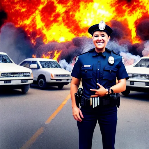 Image similar to smiling cop takes a selfie in front of a riot, cars and buildings on fire, time magazine 2 0 2 2, high detail, 8 k