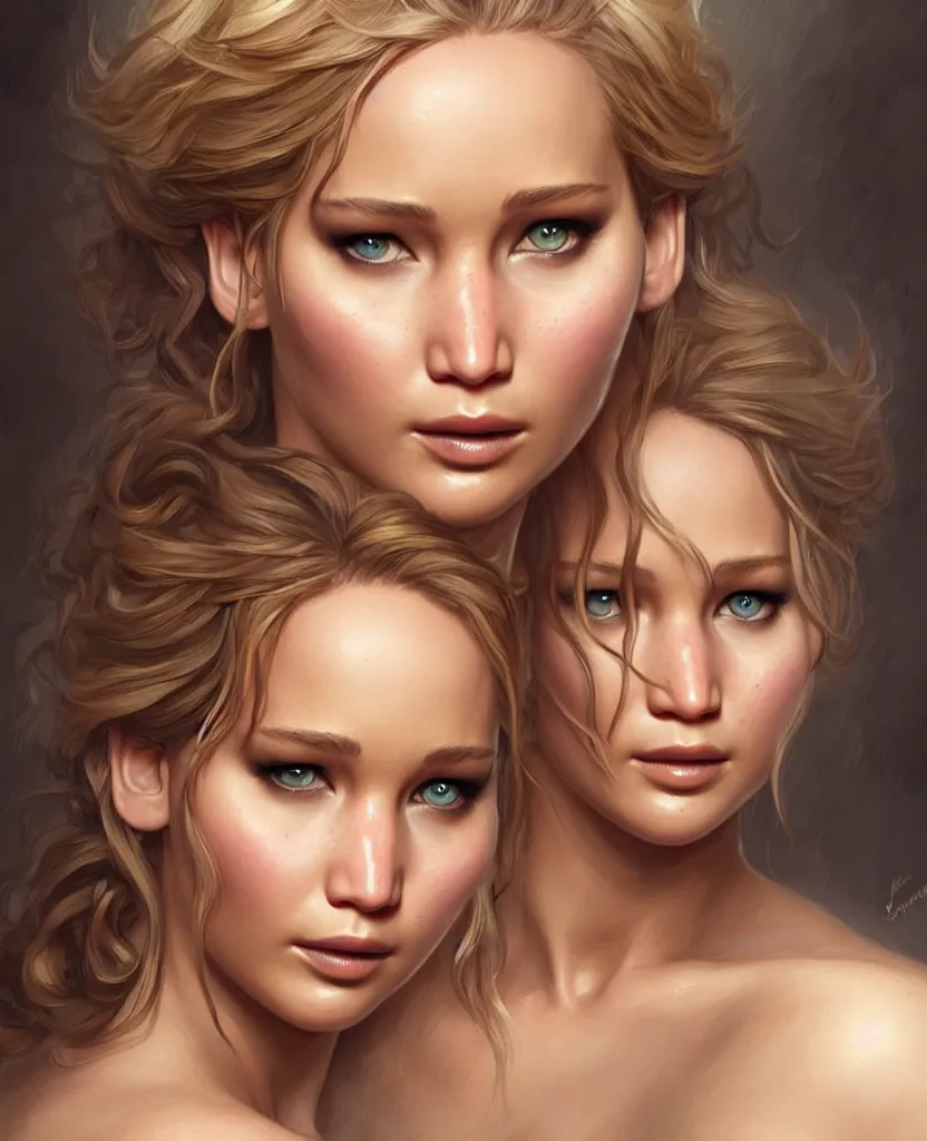 Image similar to Jennifer Lawrence, closeup, D&D, fantasy, intricate, elegant, highly detailed, digital painting, artstation, concept art, matte, sharp focus, illustration, hearthstone, art by Artgerm and Greg Rutkowski and Alphonse Mucha