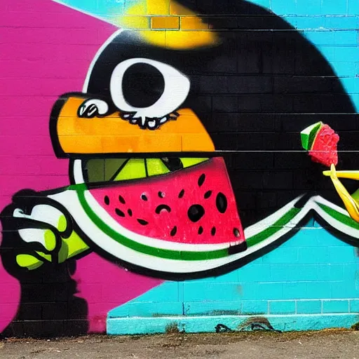 Prompt: a craw eating a watermelon, graffiti, photograph, made by banksy, vivid colors, spray brush, midday, sunny, professional