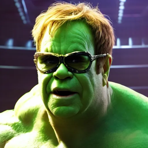 Image similar to Elton John as The Hulk, cinematic, movie still, 8k, photorealistic, dramatic,