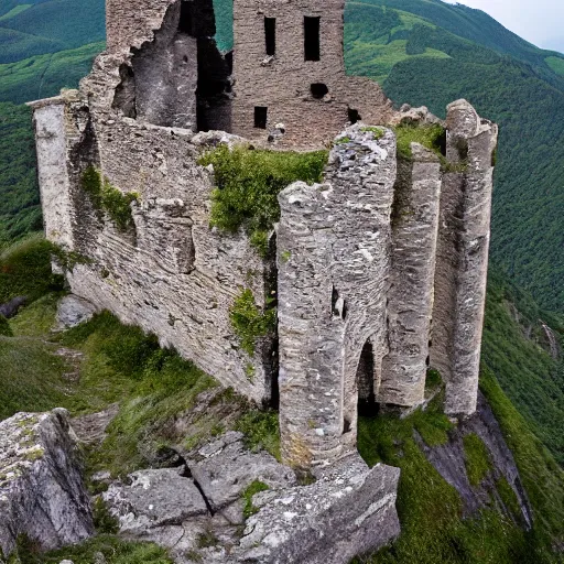 Image similar to photograph, a ruined castle on top of a big mountain, the photo was taken from very far away below the castke looking up at it, exteme far up, ultra high detail, 8 k