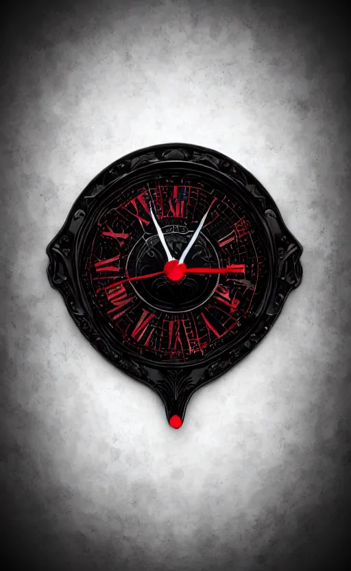 Image similar to a melting Roman numeral clock, behind a red and black gradient background, awith a black heart shaped on the top left corner and a black diamond card shape in the bottom right corner, dynamic lighting, photorealistic fantasy concept art, trending on art station, stunning visuals, cinematic, creative, ultra detailed