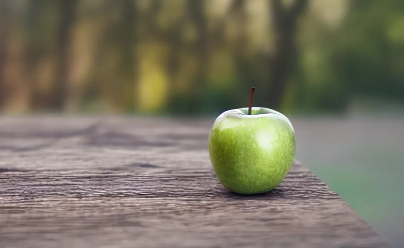 Image similar to a macro photo of a green apple on a wooden table at sunrise, hyperrealistic, some trees in the background, dof, octane render, unreal engine 5, trending on artstation, high quality, highly detailed, 8 k, soft lighting, path traced, beautiful, harmonious, complementary colors, serene scene, bloom, godrays, concept art