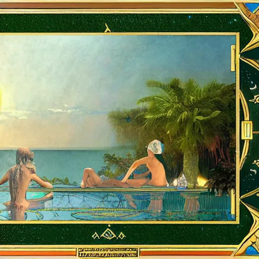 Image similar to Floating palace, refracted sparkles of the moon, thunderstorm, greek pool, beach and Tropical vegetation on the background major arcana sky, by paul delaroche, alphonse mucha and arnold böcklin, hyperrealistic 8k, award-winning, very very very detailed