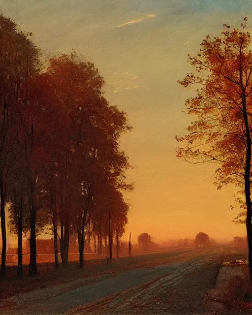 Prompt: autumn city landscape, faint sunrise, main road, matte painting, by Isaac Levitan and Vasily Perov