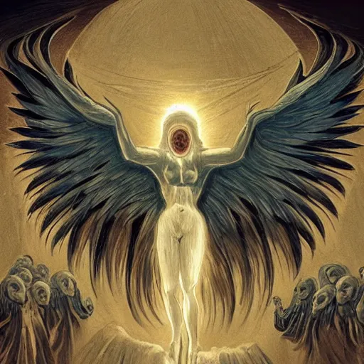 Prompt: giant imposing seraphim with many eyes and many wings, glowing, terrifying