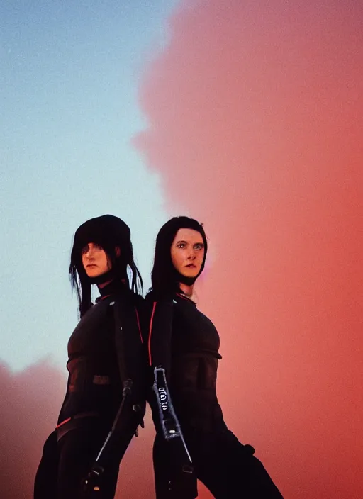 Image similar to cinestill 5 0 d photographic portrait of two loving female androids wearing rugged black techwear on a desolate plain with a red sky in front of a brutalist dark metal building, extreme closeup, cyberpunk style, dust storm, 8 k, hd, high resolution, 3 5 mm, f / 3 2, ultra realistic faces, ex machina