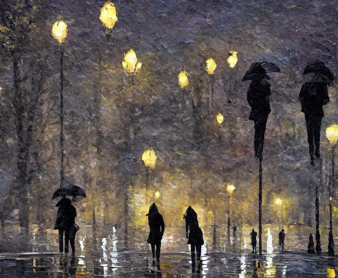 Image similar to a couple walking in the park, oil painting, night time, new york city, rain, wet walkway, park bench, street lights, soft tones