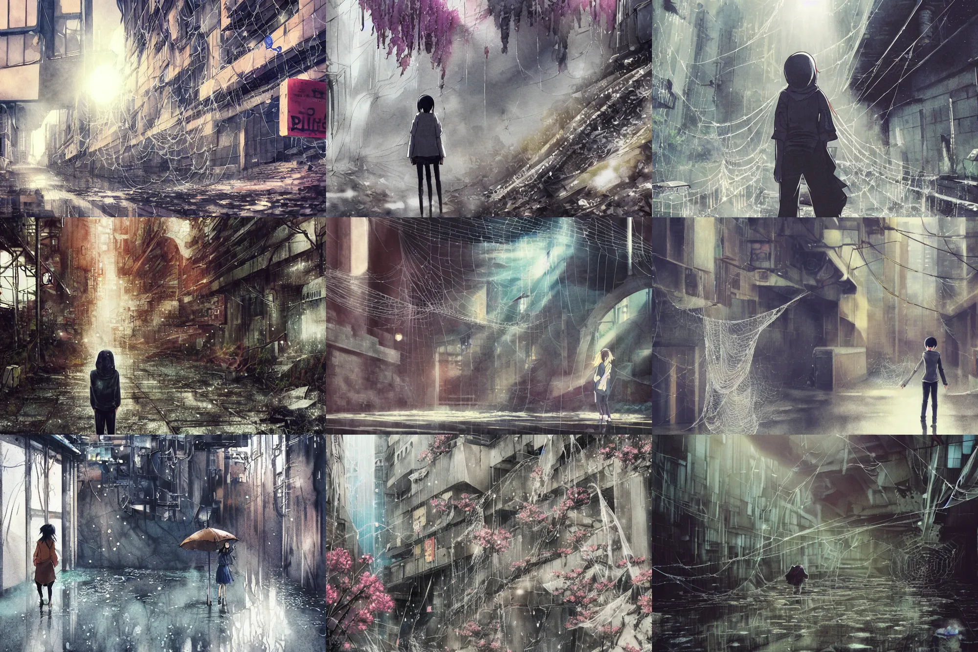 Prompt: anime movie scene, mamoru oshii, otomo, ultra wide, vanishing point, hoody woman explorer, watercolor, spiderwebs, flowers, dripping, sewer exit, train tunnel, waterfall, sun beam, dusty volumetric light, back lit, paper texture, puddles, deserted shinjuku junk, brutalist, golden ratio