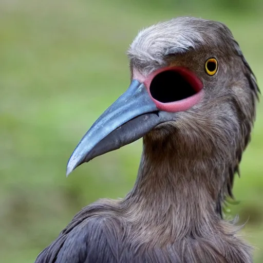 Image similar to a large bird, human teeth in the beak