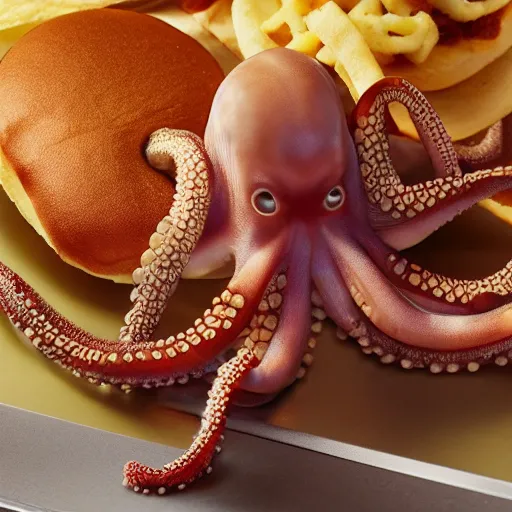 Image similar to octopus made of steel eating fastfood, 5 5 mm