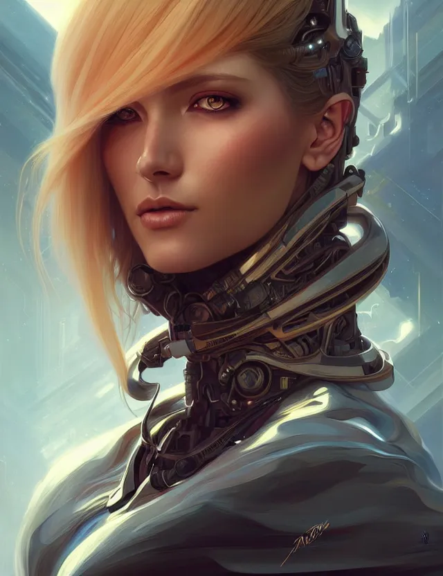 Image similar to futuristic woman portrait, sci-fi, amber eyes, face, long hair, fantasy, intricate, elegant, highly detailed, digital painting, artstation, concept art, smooth, sharp focus, illustration, art by artgerm and greg rutkowski and alphonse mucha