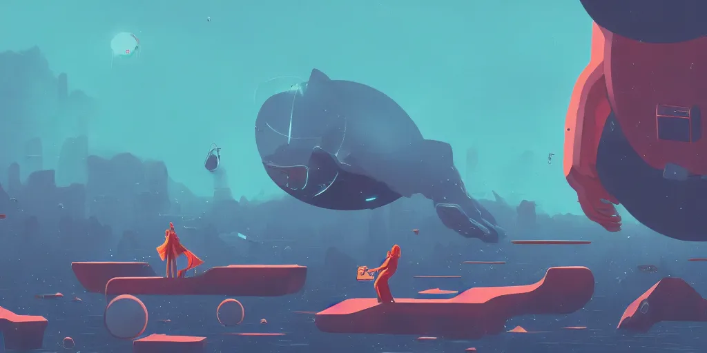 Prompt: sci - fi, matte gouache illustration, gigantic cat speaking to floating women in the air, underwater, cubes of ice around, a lot of tears, people crying, ominous, style by moebius and satoshi kon, full - shot, 8 k