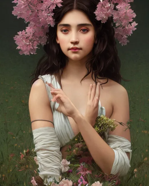 Image similar to 3 / 4 portrait, young male spring god, brown skin, long dark hair, flower dress, beautiful, flowers, detailed field background, elaborate jewelry, artstation, ilya kuvshinov, alphonse mucha, william bouguereau, rossdraws, greg rutkowski, super detailed, illustration, realistic, octane render, sharp focus, cinematic, 8 k