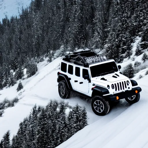 Prompt: white jeep wrangler driving up steep snowy mountain on edge of a cornice, high quality digital art, dramatic lighting, cinematic