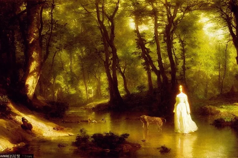 Prompt: scenic western painting of a woman in a traditional white dress walking through a forest river, horses, radiant light, oil on canvas, albert bierstadt, thomas moran