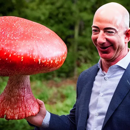 Prompt: portrait photo of jeff bezos finding a giant red mushroom, exhilarated, portrait, closeup. mouth open, 30mm, bokeh