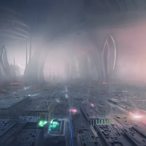 Prompt: A realistic detailed photo of a strange neon city, alien plants, grey sky, futuristic buildings, flying ships in the background, foggy landscape, light particles, detailed light, realistic shaders, trending on artisation, detailed textures, detailed, realistic.