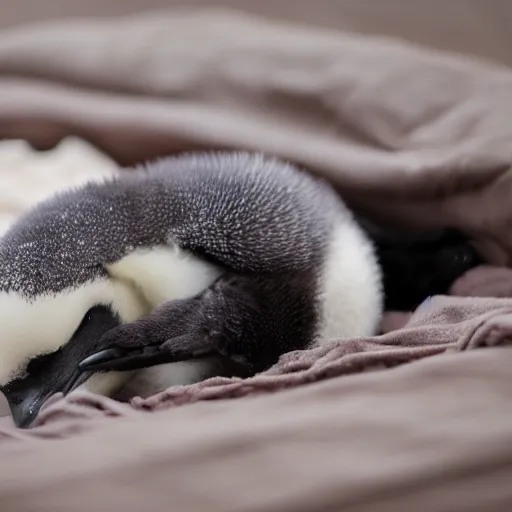 Image similar to baby penguin cuddling in a cosy bed