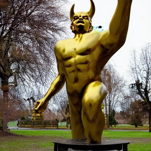 Prompt: male demon, devil golden monument stands in a park