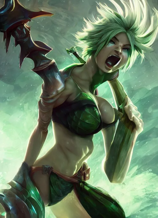 Image similar to riven from league of legends, au naturel, the exiled, fighting with green sword, hyper detailed, digital art, trending in artstation, cinematic lighting, studio quality, smooth render, unreal engine 5 rendered, octane rendered, art style by klimt and nixeu and ian sprigger and wlop and krenz cushart