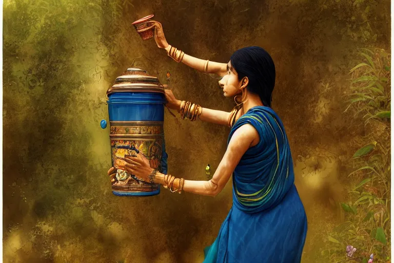 Image similar to an indian women getting water,digital painting, Pre-Raphaelites, highly detailed, concept art, smooth, sharp focus, gold and indigo, illustration, cinematic style, 35mm, art by Yoshitaka Amano