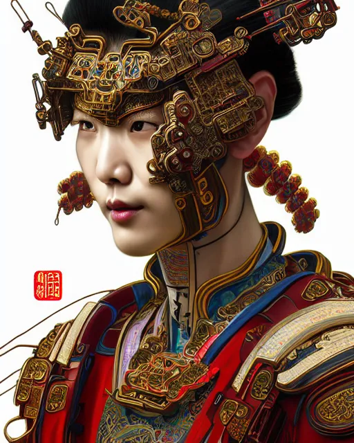 Image similar to portrait of a chinese cyberpunk machine, machine face, arms, upper half portrait, decorated with chinese opera motifs, regal, asian, fine china, wuxia, traditional chinese art intricate intense elegant 京 剧 highly detailed digital painting artstation concept art smooth sharp focus illustration, art by artgerm and greg rutkowski alphonse mucha 8 k