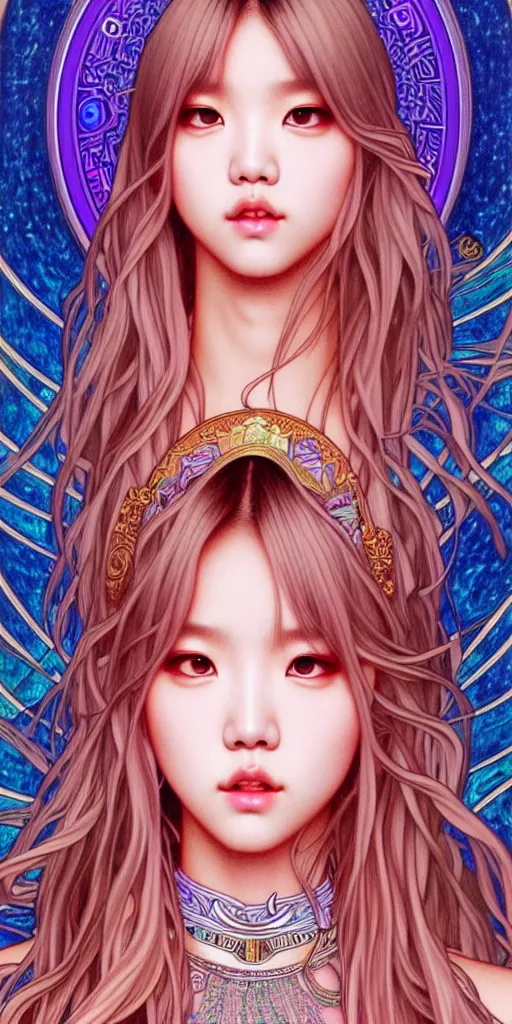 Image similar to lalisa manoban of blackpink, goddess of the moon, tarot card, highly detailed, digital painting, smooth, sharp focus, illustration, ultra realistic, 8 k, art by artgerm and alphonse mucha