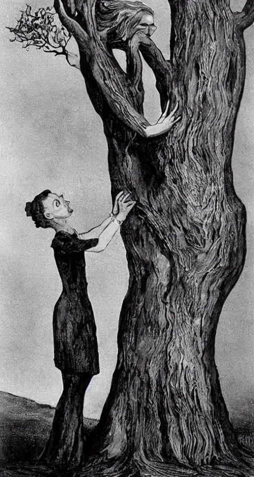 Image similar to Marie Curie hugging a tree by Salvador Dalí