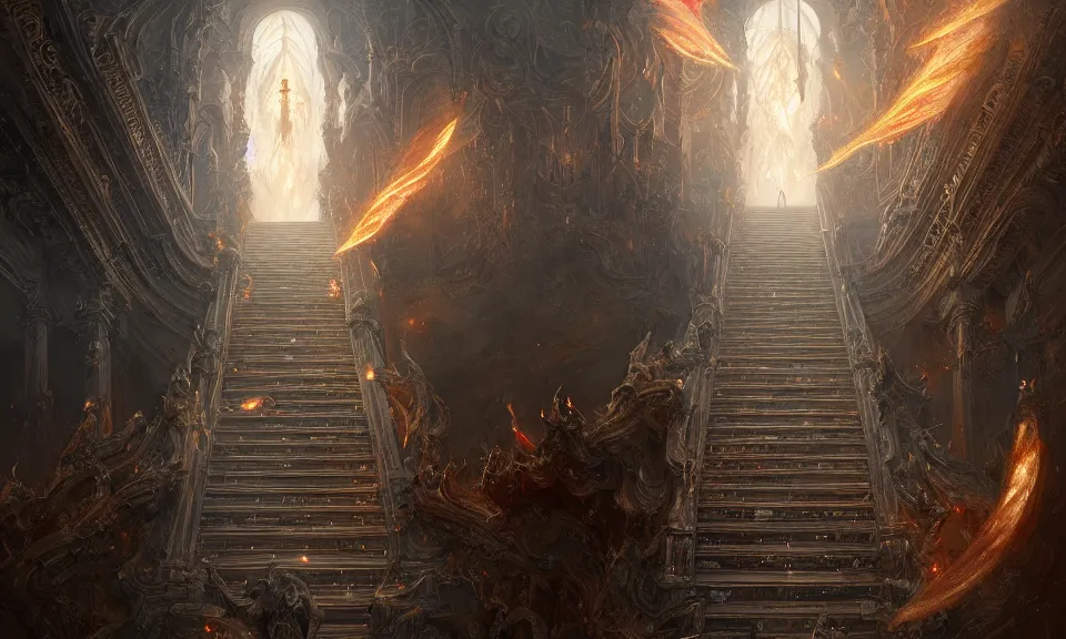Prompt: stairs from hell to heaven, flames, heavens, beautiful, intricate detail, intricate, epic, vast, digital painting by greg rutkowski, artstation, very detailed, cinematic lighting, concept art
