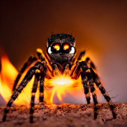 Image similar to cinematic headshot portrait of a spider flies in the fire, movie still, more details, dramatic lightning,