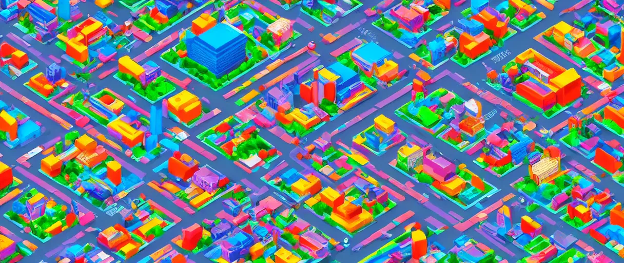 Image similar to an epic 3D city, made up of colorful particles, isometric view, digital art