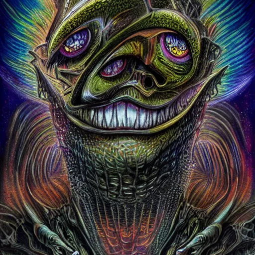 Prompt: dark fantasy, 4 k, textured 3 d, intense detail, dark psychedelic, one eye in center of hideous monster, amazing background, alex grey style